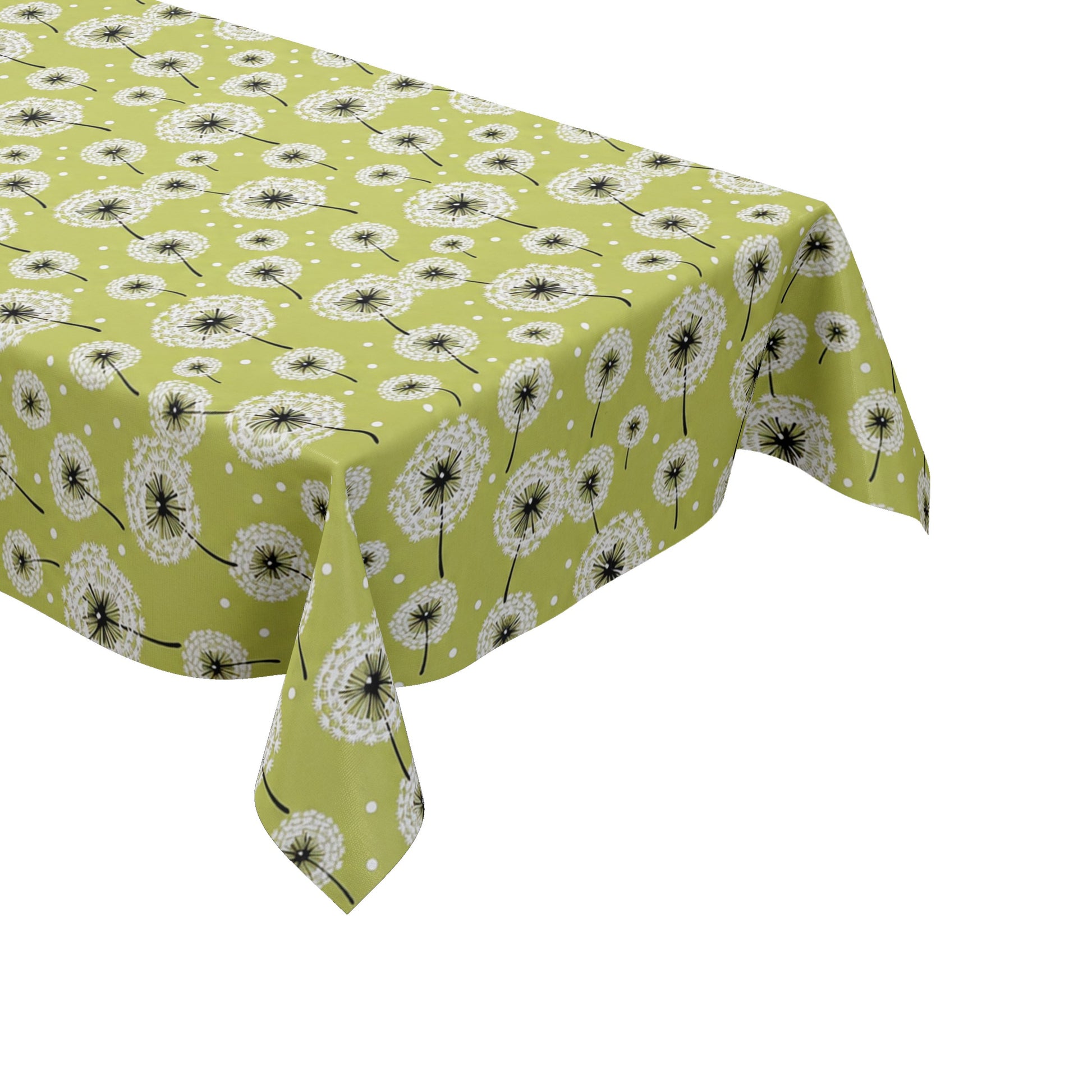Wachstuch-Tischdecke mit weißen Pusteblumen in verschiedenen Größen auf hellgrünem Hintergrund. Schwarze Stiele und kleine weiße Punkte ergänzen das verspielte, natürliche Design mit leichter, frischer Ausstrahlung.