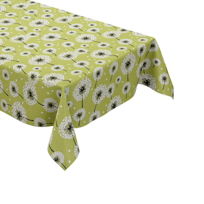 Wachstuch-Tischdecke mit weißen Pusteblumen in verschiedenen Größen auf hellgrünem Hintergrund. Schwarze Stiele und kleine weiße Punkte ergänzen das verspielte, natürliche Design mit leichter, frischer Ausstrahlung.