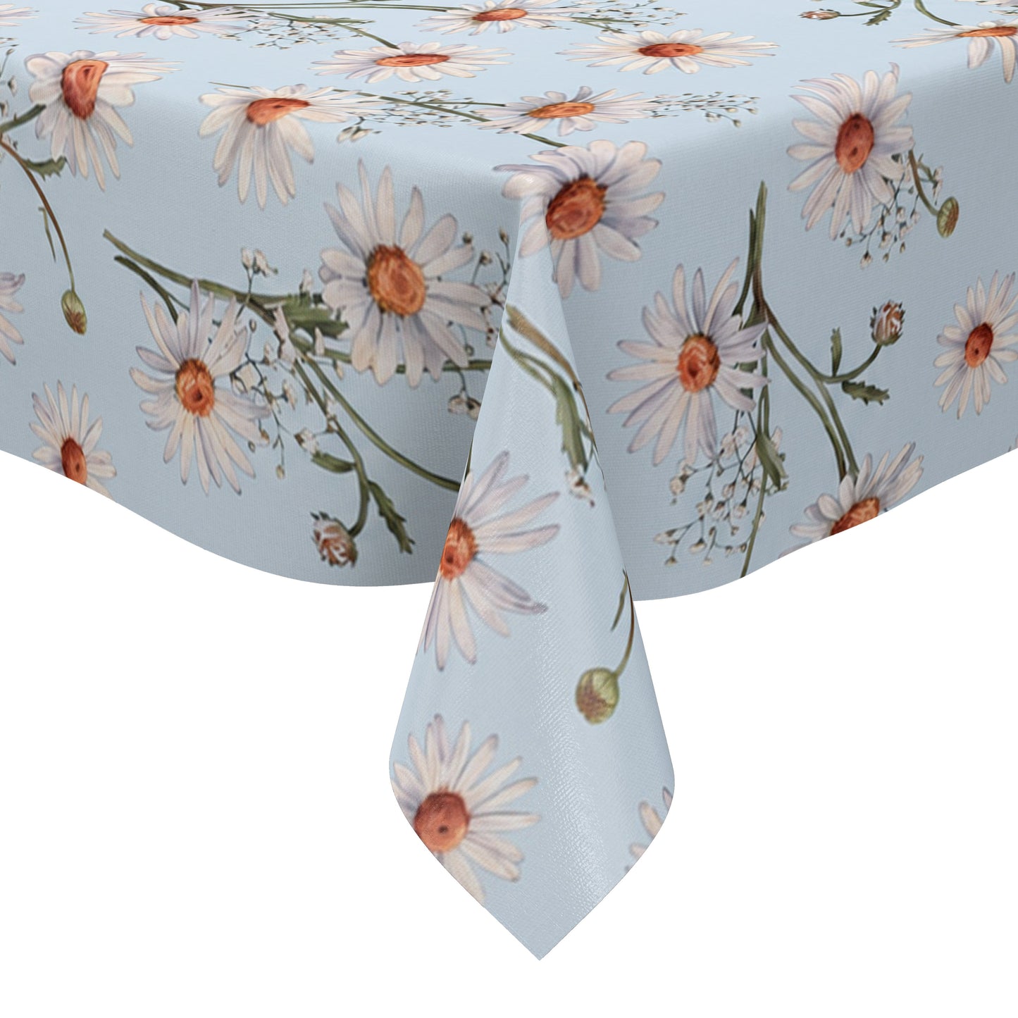 Wachstuch-Tischdecke mit weißen Margeriten und feinem Schleierkraut auf hellblauem Hintergrund. Orangefarbene Blütenmitten und grüne Stiele ergänzen das zarte, frische Blumenmuster mit sommerlicher Ausstrahlung.