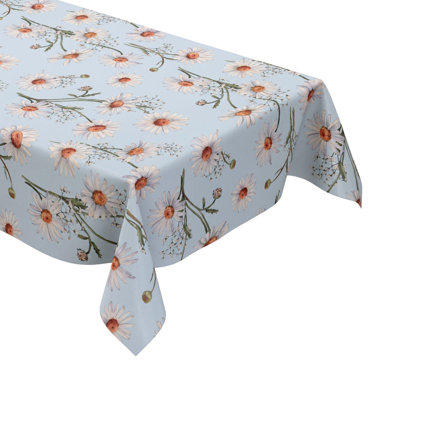 Wachstuch-Tischdecke mit weißen Margeriten und feinem Schleierkraut auf hellblauem Hintergrund. Orangefarbene Blütenmitten und grüne Stiele ergänzen das zarte, frische Blumenmuster mit sommerlicher Ausstrahlung.