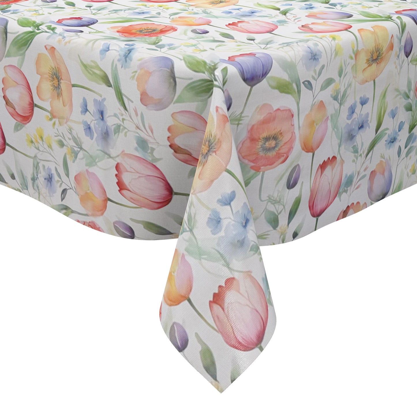 Wachstuch-Tischdecke mit zartem Aquarell-Blumenmuster auf hellem Hintergrund. Tulpen, Mohnblumen und kleine Blüten in Rosa, Orange, Gelb, Blau und Violett werden von grünen Blättern und feinen Zweigen ergänzt.