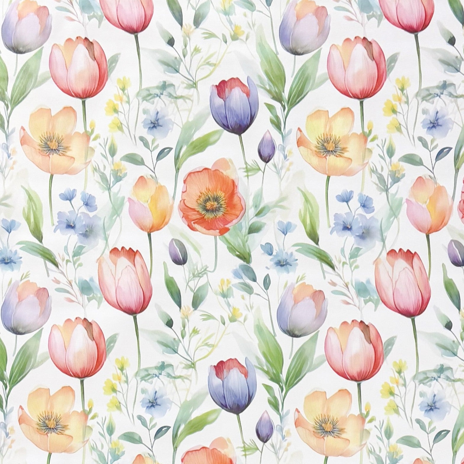 Wachstuch-Tischdecke mit zartem Aquarell-Blumenmuster auf hellem Hintergrund. Tulpen, Mohnblumen und kleine Blüten in Rosa, Orange, Gelb, Blau und Violett werden von grünen Blättern und feinen Zweigen ergänzt.