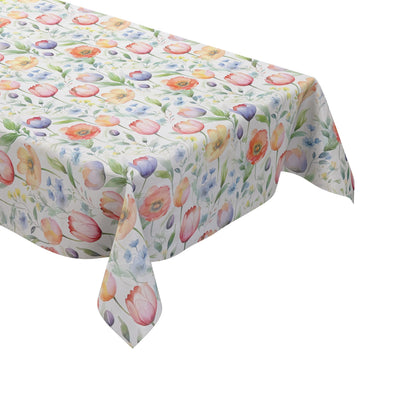 Wachstuch-Tischdecke mit zartem Aquarell-Blumenmuster auf hellem Hintergrund. Tulpen, Mohnblumen und kleine Blüten in Rosa, Orange, Gelb, Blau und Violett werden von grünen Blättern und feinen Zweigen ergänzt.