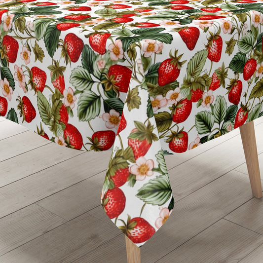 Wachstuch-Tischdecke mit dichtem Erdbeermuster auf hellem Hintergrund. Leuchtend rote Erdbeeren, grüne Blätter und zarte rosa-weiße Blüten sorgen für ein frisches, sommerliches und verspieltes Design.