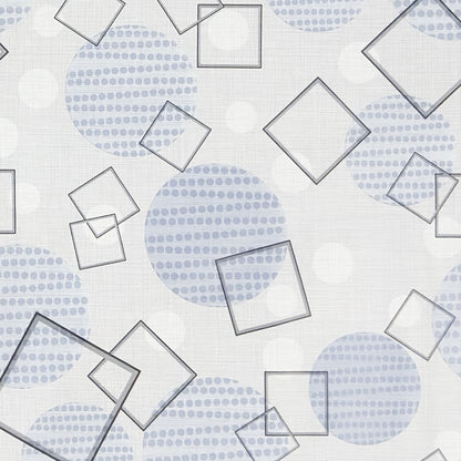 Wachstuch-Tischdecke mit modernem geometrischem Muster in Grau und Hellblau. Transparente Quadrate und Rechtecke überlagern sich auf hellem Hintergrund, ergänzt durch Kreise und feine Punktstrukturen. Das zeitgemäße Design wirkt dezent, elegant und harmonisch.