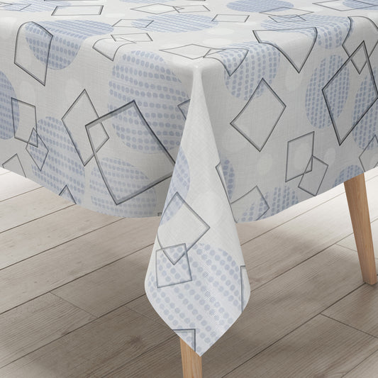 Wachstuch-Tischdecke mit modernem geometrischem Muster in Grau und Hellblau. Transparente Quadrate und Rechtecke überlagern sich auf hellem Hintergrund, ergänzt durch Kreise und feine Punktstrukturen. Das zeitgemäße Design wirkt dezent, elegant und harmonisch.