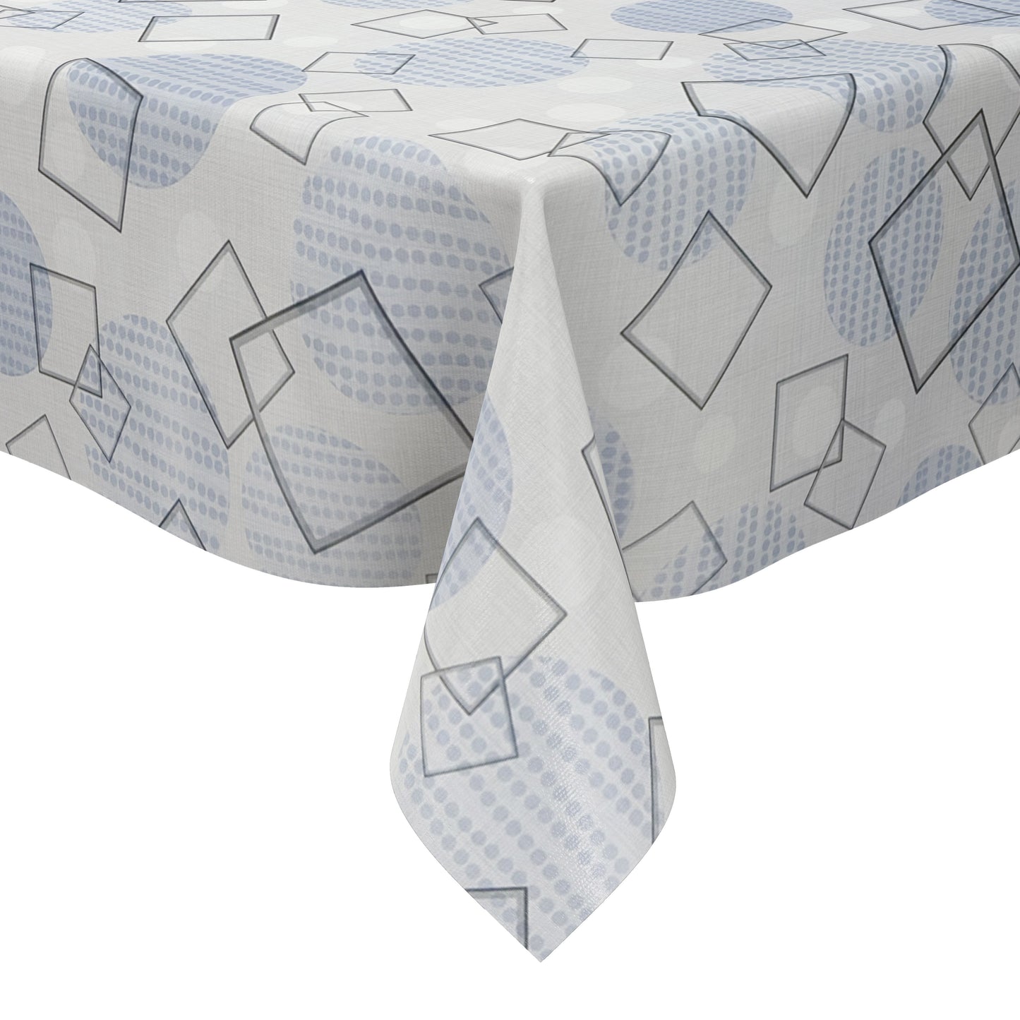 Wachstuch-Tischdecke mit modernem geometrischem Muster in Grau und Hellblau. Transparente Quadrate und Rechtecke überlagern sich auf hellem Hintergrund, ergänzt durch Kreise und feine Punktstrukturen. Das zeitgemäße Design wirkt dezent, elegant und harmonisch.