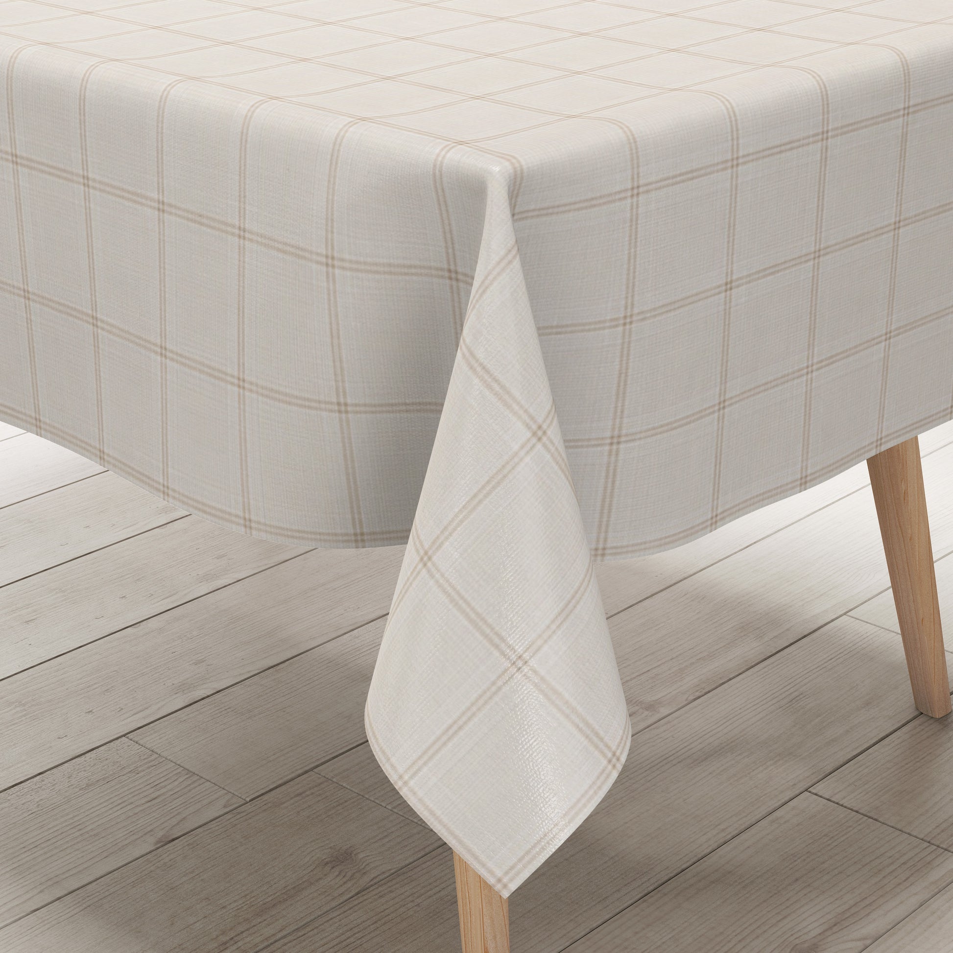Rechteckige Wachstuch-Tischdecke in heller Leinenoptik mit feinem beigefarbenem Karomuster auf cremeweißem Hintergrund. Das dezente, gleichmäßige Rasterdesign verleiht der Tischdecke eine elegante und zeitlose Ausstrahlung.