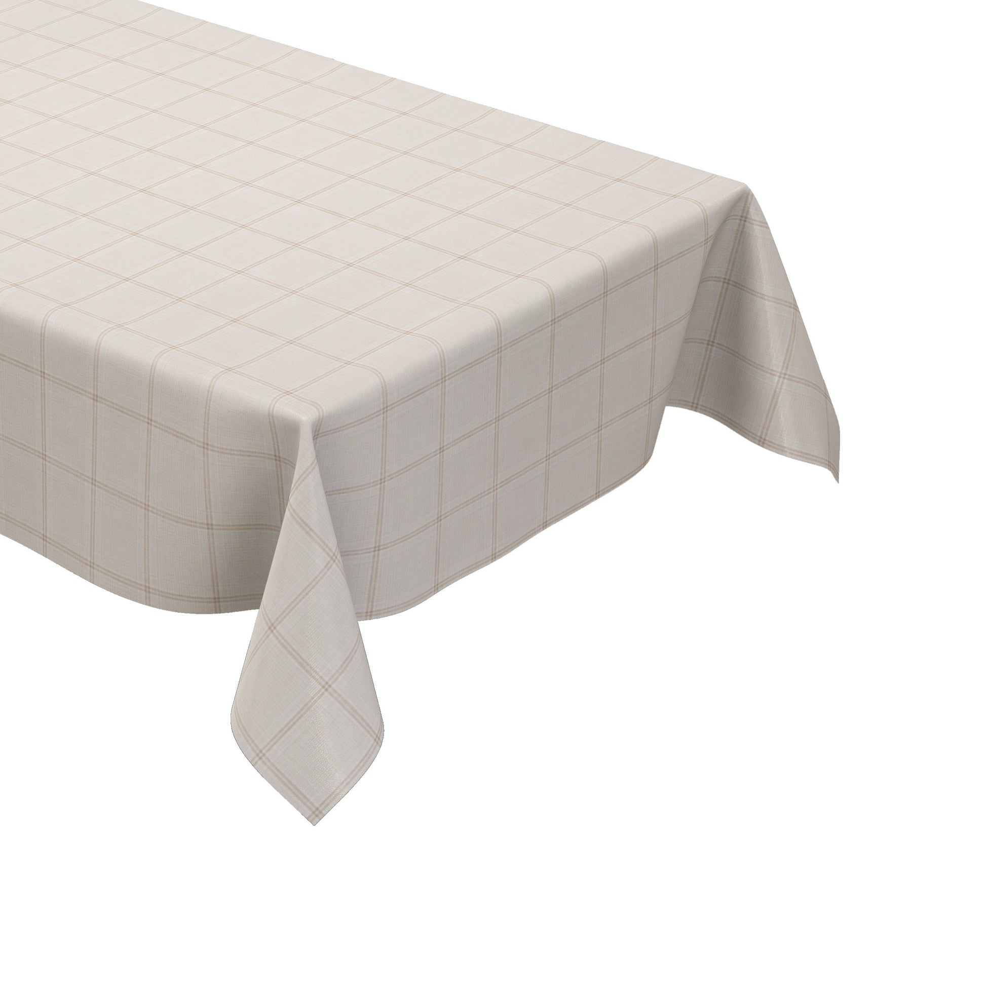 Rechteckige Wachstuch-Tischdecke in heller Leinenoptik mit feinem beigefarbenem Karomuster auf cremeweißem Hintergrund. Das dezente, gleichmäßige Rasterdesign verleiht der Tischdecke eine elegante und zeitlose Ausstrahlung.