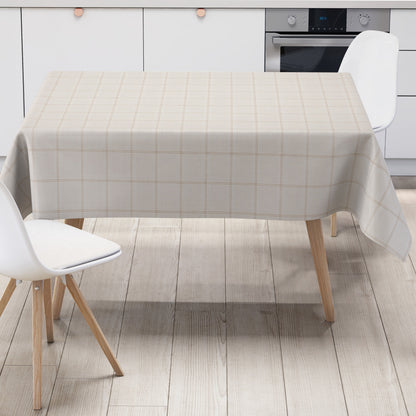 Rechteckige Wachstuch-Tischdecke in heller Leinenoptik mit feinem beigefarbenem Karomuster auf cremeweißem Hintergrund. Das dezente, gleichmäßige Rasterdesign verleiht der Tischdecke eine elegante und zeitlose Ausstrahlung.