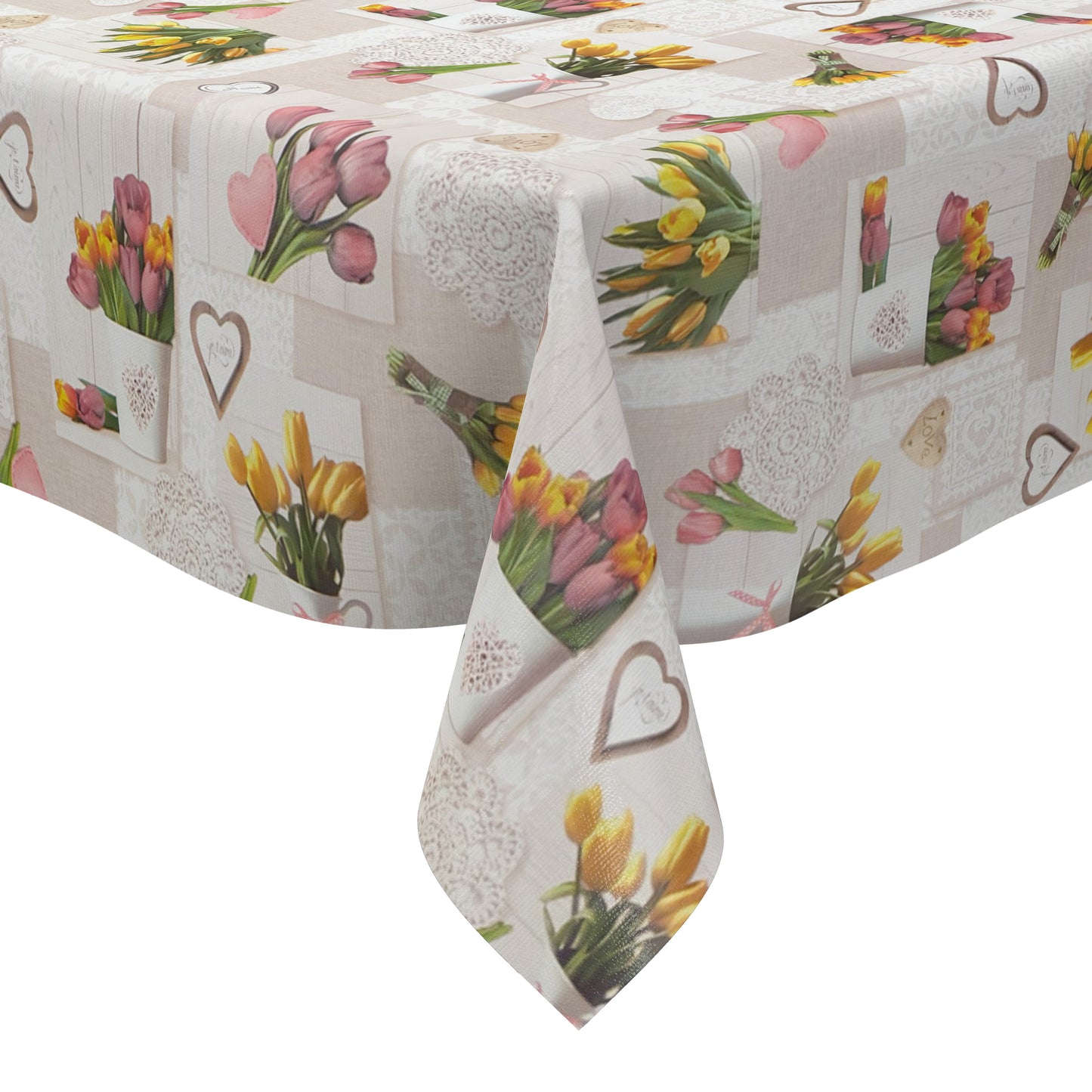 Rechteckige Wachstuch-Tischdecke in Beige und Creme mit romantischem Patchwork-Dessin. Das Muster zeigt rosa und gelbe Tulpensträuße, Herzen, Spitzenornamente und dekorative Landhaus-Elemente auf hellen Holzoptik-Hintergründen. Die frühlingshafte Farbgestaltung verleiht der Tischdecke einen gemütlichen Vintage-Charakter.