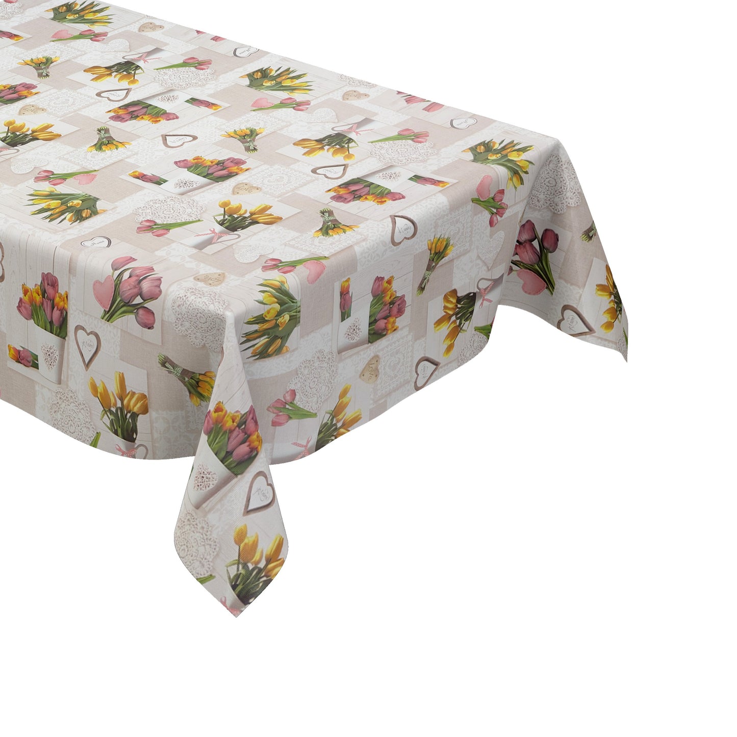 Rechteckige Wachstuch-Tischdecke in Beige und Creme mit romantischem Patchwork-Dessin. Das Muster zeigt rosa und gelbe Tulpensträuße, Herzen, Spitzenornamente und dekorative Landhaus-Elemente auf hellen Holzoptik-Hintergründen. Die frühlingshafte Farbgestaltung verleiht der Tischdecke einen gemütlichen Vintage-Charakter.