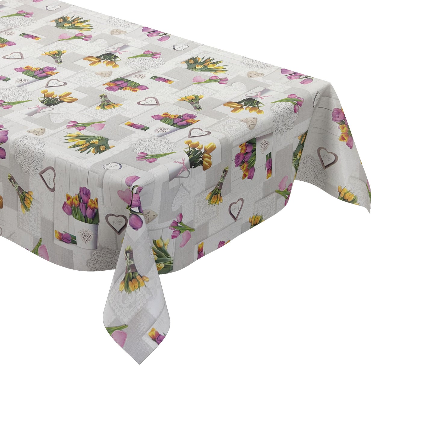 Wachstuch-Tischdecke mit romantischem Patchwork-Dessin in Hellgrau, Weiß und Creme. Das Muster zeigt rosa, violette und gelbe Tulpensträuße, Herzmotive, Spitzenornamente und Holzoptik-Elemente in harmonischer Anordnung. Die floralen Motive verleihen der Tischdecke einen frühlingshaften Landhausstil und schaffen eine freundliche, gemütliche Atmosphäre.