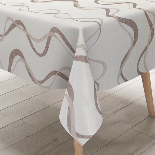Wachstuch-Tischdecke mit modernem Wellenmuster in Beige, Taupe und Sand auf hellem Hintergrund. Geschwungene Linien in feiner Leinenoptik verleihen dem Design eine elegante, ruhige und zeitlose Ausstrahlung im modernen Wohnstil.