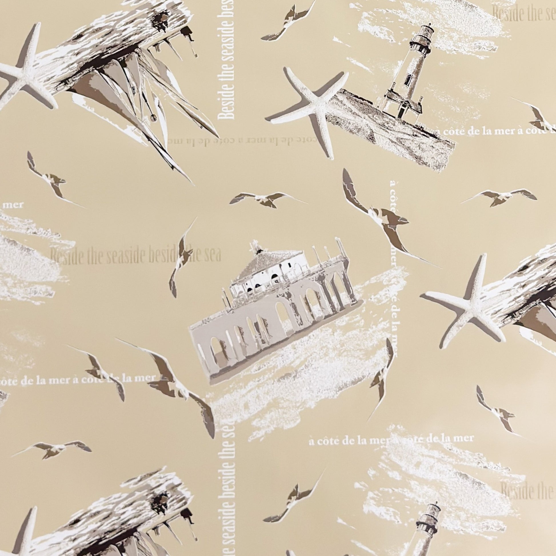 Wachstuch Tischdecke maritim mit Leuchttumr und Seestern in beige