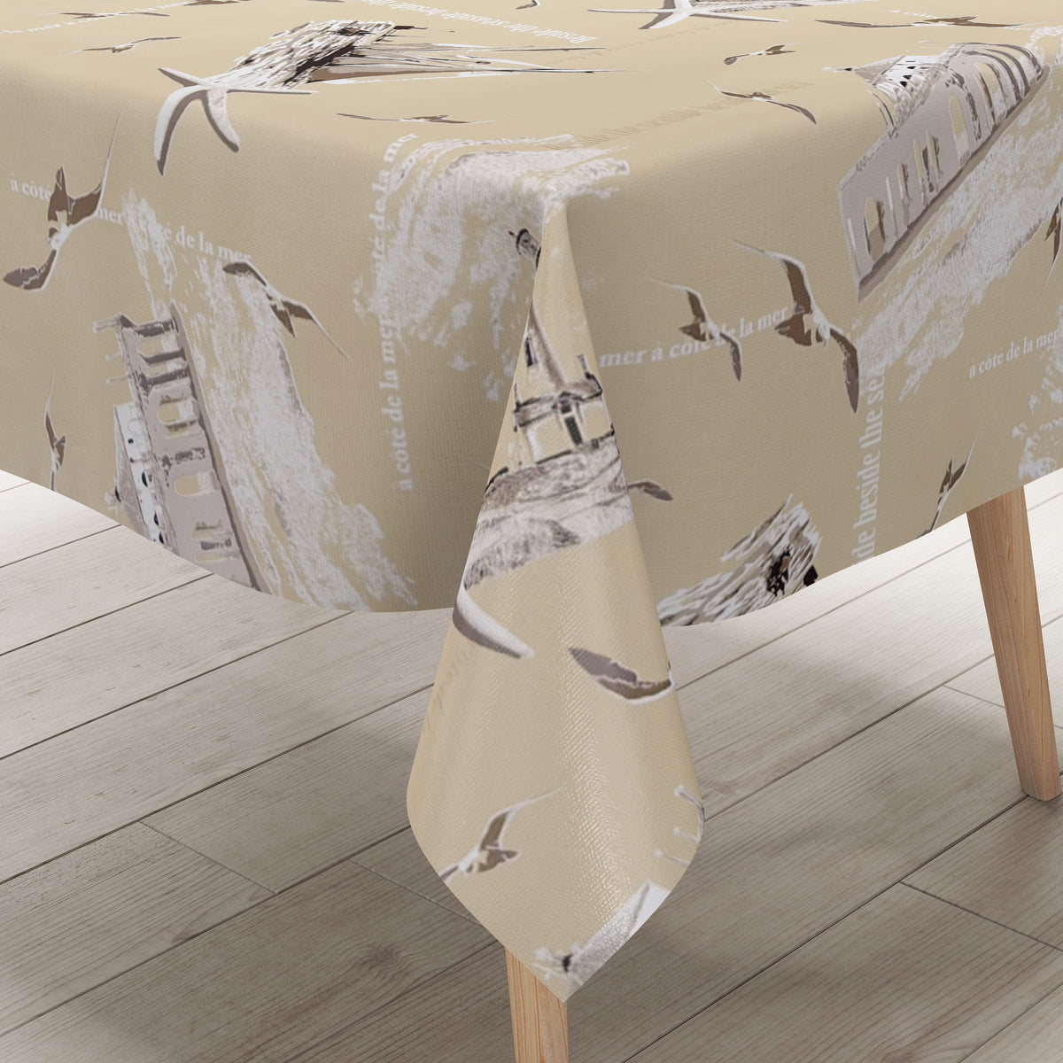 Wachstuch Tischdecke M19055 beige maritim Seesterne Möwen Leuchtturm e –