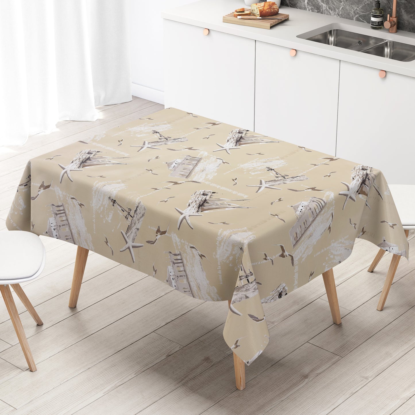 Wachstuch Tischdecke maritim mit Leuchttumr und Seestern in beige