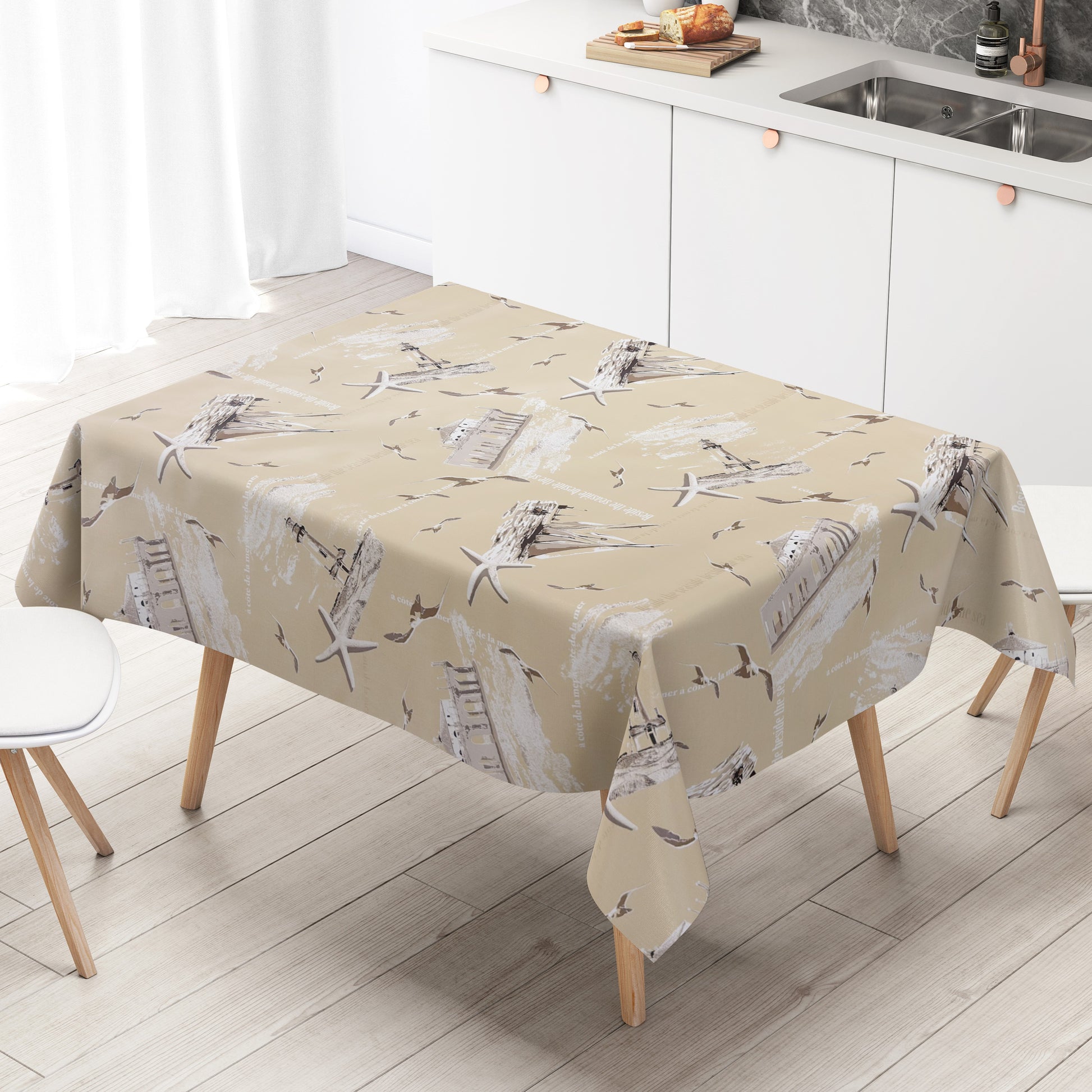 Wachstuch Tischdecke maritim mit Leuchttumr und Seestern in beige