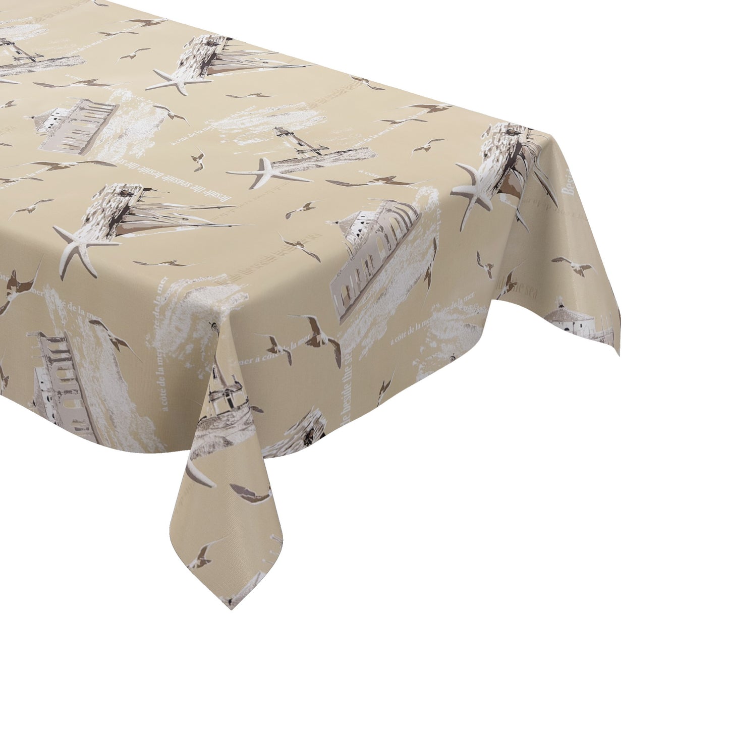 Wachstuch Tischdecke maritim mit Leuchttumr und Seestern in beige