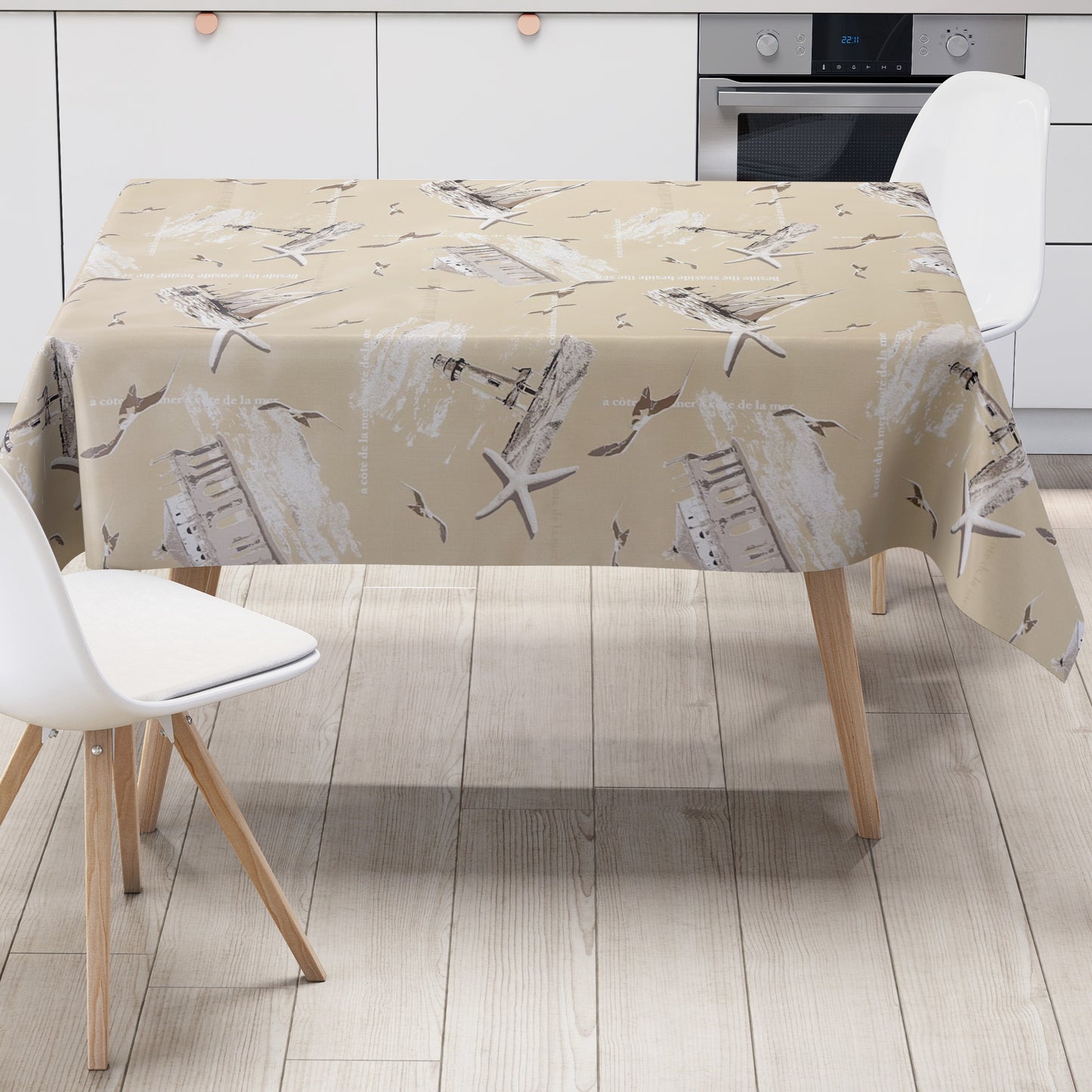 Wachstuch Tischdecke maritim mit Leuchttumr und Seestern in beige