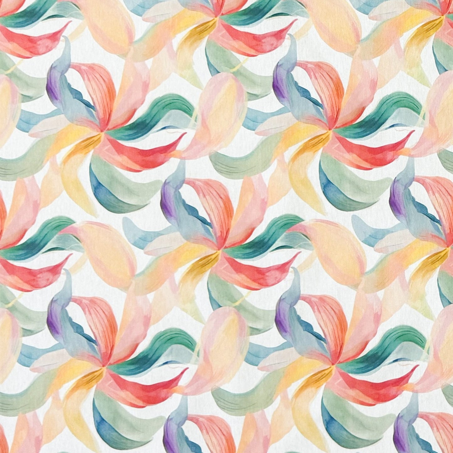 Die Jacquard Tischdecke aus beschichteter Baumwolle zeigt ein modernes, fließendes Muster aus geschwungenen Blattformen in sanften Pastellfarben wie Grün, Blau, Gelb und Rot.