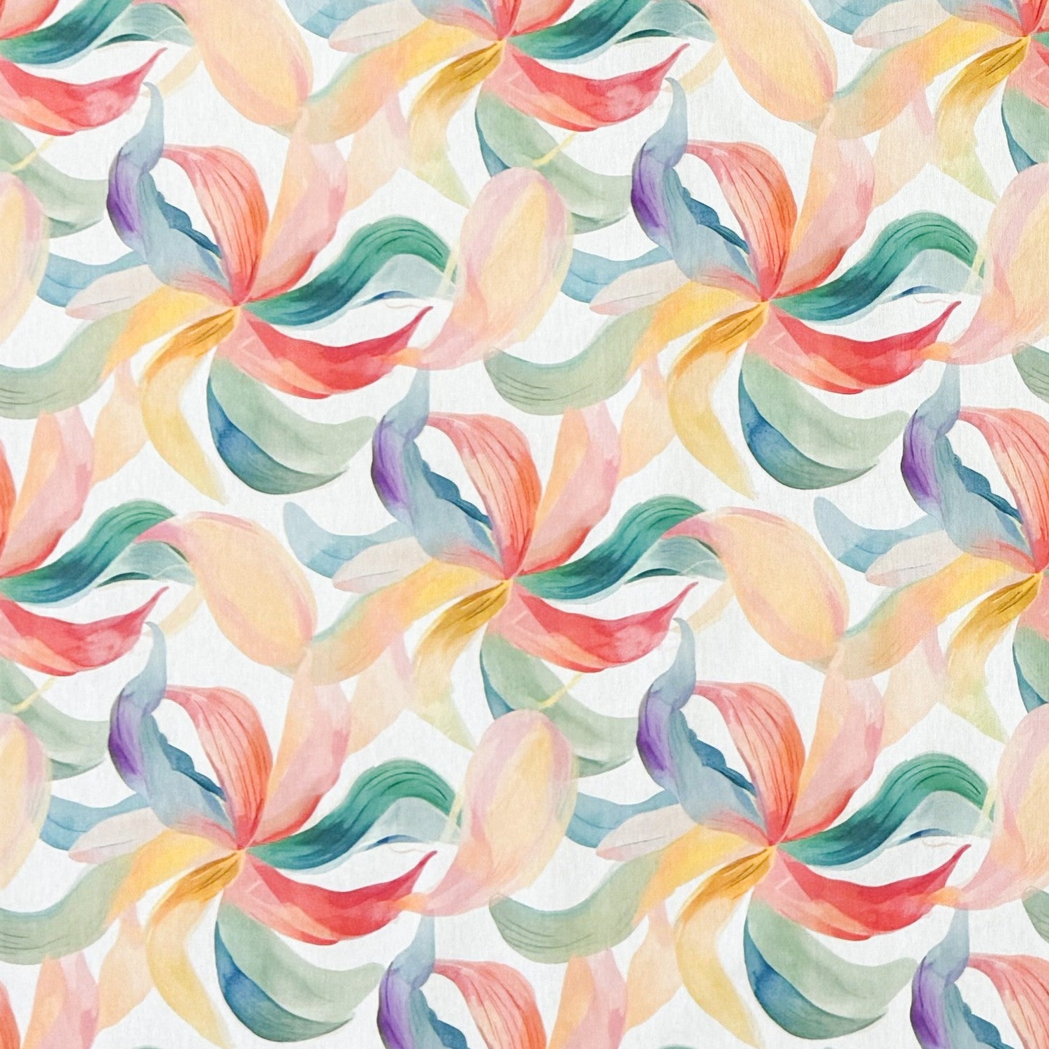Die Jacquard Tischdecke aus beschichteter Baumwolle zeigt ein modernes, fließendes Muster aus geschwungenen Blattformen in sanften Pastellfarben wie Grün, Blau, Gelb und Rot.