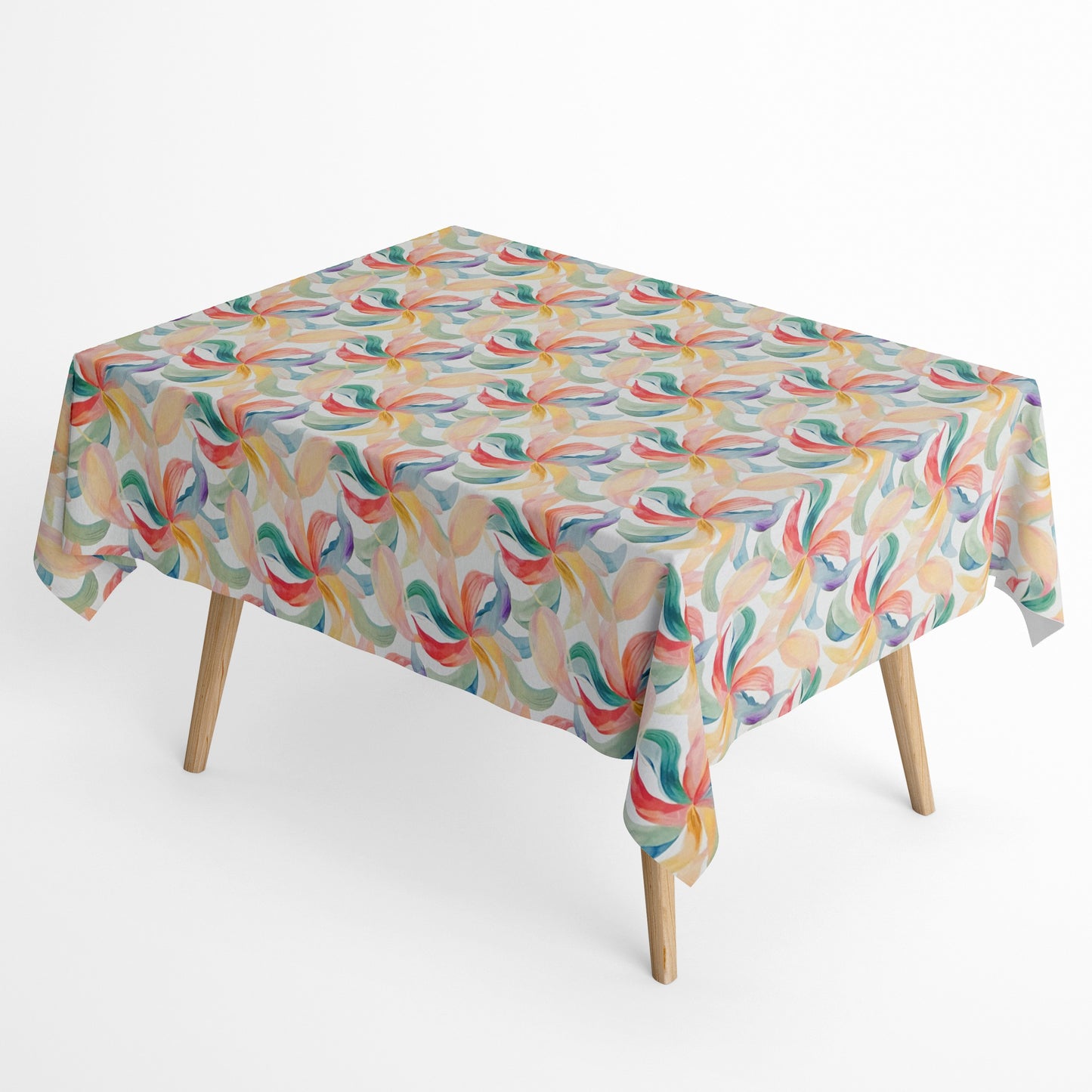 Die Jacquard Tischdecke aus beschichteter Baumwolle zeigt ein modernes, fließendes Muster aus geschwungenen Blattformen in sanften Pastellfarben wie Grün, Blau, Gelb und Rot.