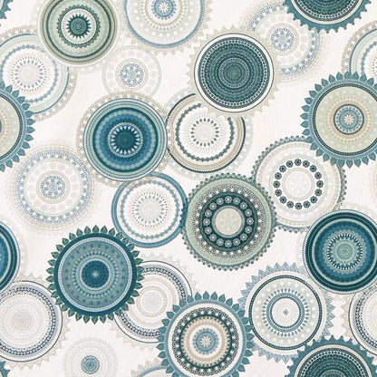 Jacquard Tischdecke aus beschichteter Baumwolle mit petrolfarbenen Mandala-Mustern in verschiedenen Größen, fleckenabweisend und pflegeleicht.