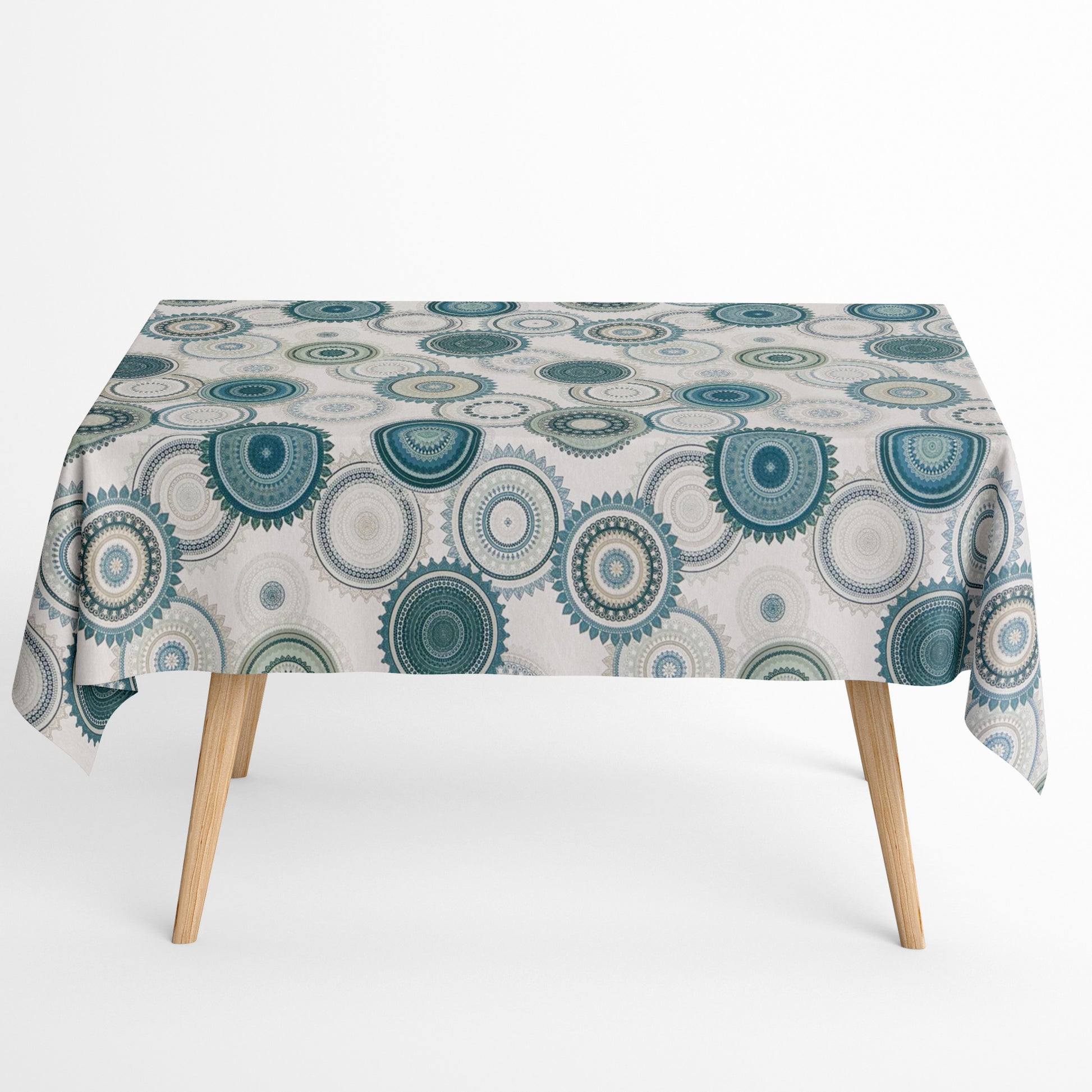 Jacquard Tischdecke aus beschichteter Baumwolle mit petrolfarbenen Mandala-Mustern in verschiedenen Größen, fleckenabweisend und pflegeleicht.