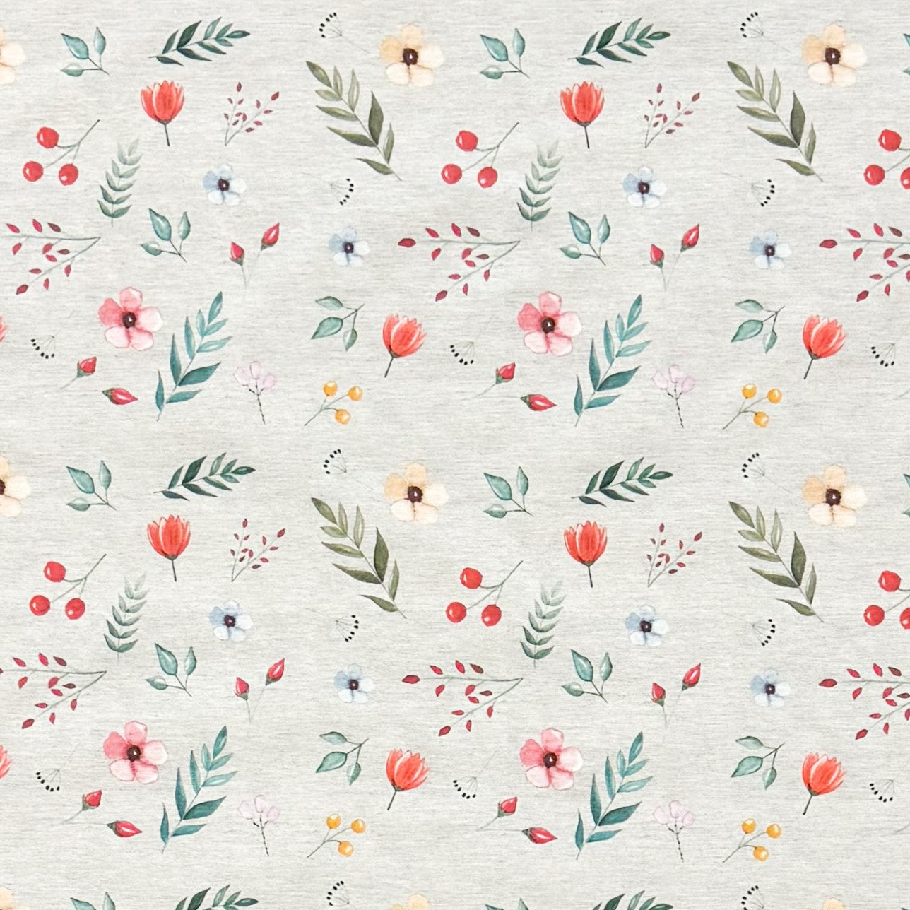 Jacquard Tischdecke aus beschichteter Baumwolle mit zartem Streublumenmuster aus Blüten, Blättern und Beeren in sanften Farben, fleckenabweisend und pflegeleicht.