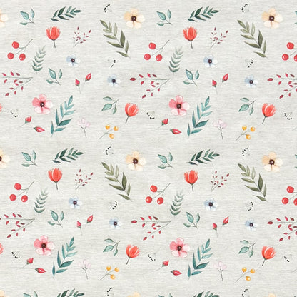 Jacquard Tischdecke aus beschichteter Baumwolle mit zartem Streublumenmuster aus Blüten, Blättern und Beeren in sanften Farben, fleckenabweisend und pflegeleicht.