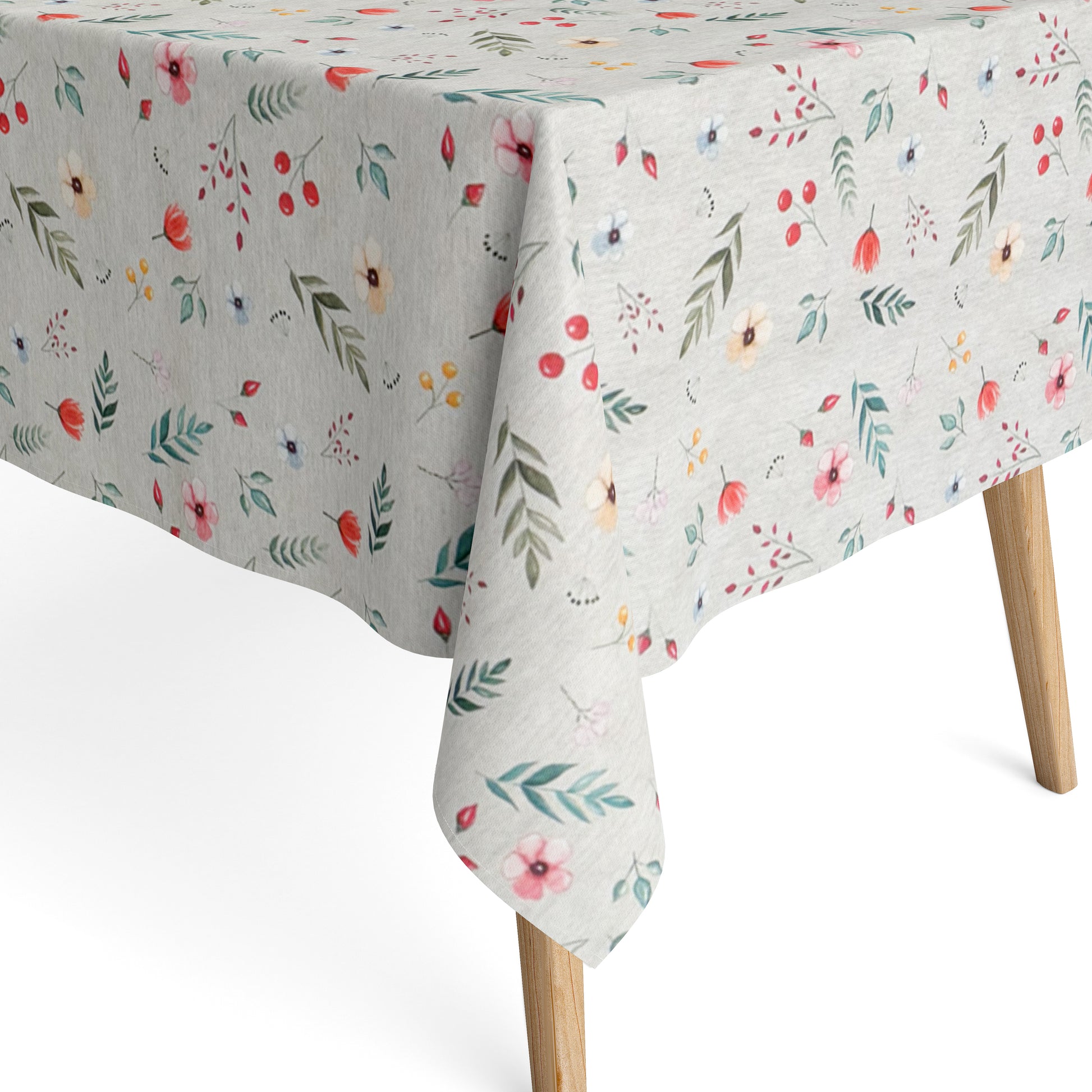 Jacquard Tischdecke aus beschichteter Baumwolle mit zartem Streublumenmuster aus Blüten, Blättern und Beeren in sanften Farben, fleckenabweisend und pflegeleicht.
