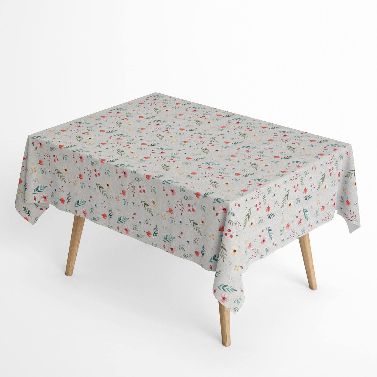 Jacquard Tischdecke aus beschichteter Baumwolle mit zartem Streublumenmuster aus Blüten, Blättern und Beeren in sanften Farben, fleckenabweisend und pflegeleicht.