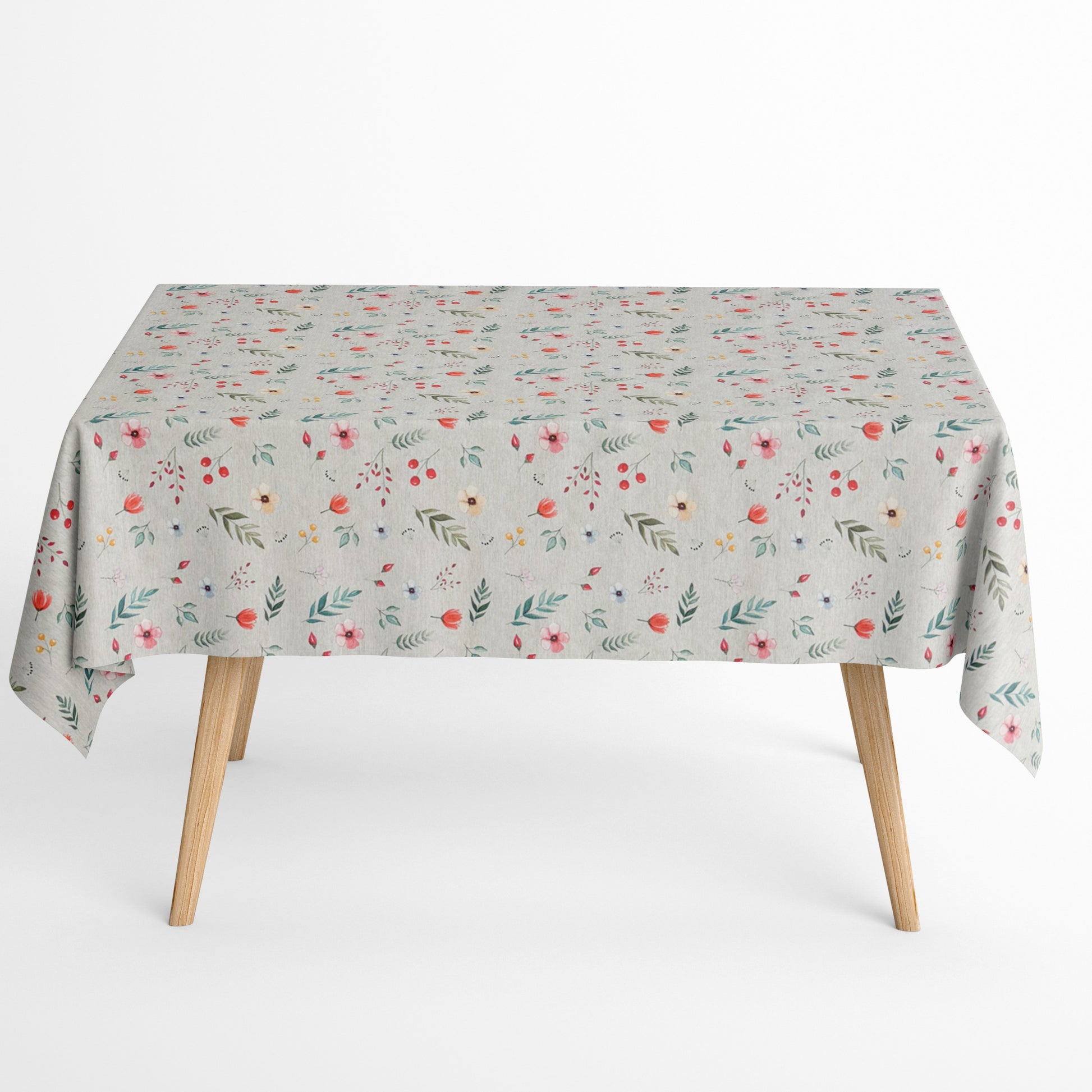 Jacquard Tischdecke aus beschichteter Baumwolle mit zartem Streublumenmuster aus Blüten, Blättern und Beeren in sanften Farben, fleckenabweisend und pflegeleicht.