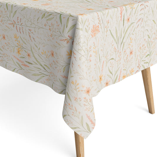 Beschichtete Baumwoll-Tischdecke mit filigranem Naturmuster auf hellem Hintergrund. Zarte Gräser, Blätter und kleine Blüten in Apricot-, Gelb- und Grüntönen verteilen sich gleichmäßig über die Oberfläche. Über eine Tischecke drapiert, mit sichtbaren hellen Holzbeinen.