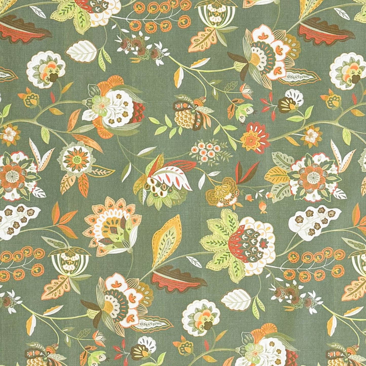 Jacquard-Tischdecke aus beschichteter Baumwolle mit boho-inspiriertem, detailreichem Blumenmuster auf dunkelgrünem Hintergrund; filigrane Blüten, Blätter und Ornamente in warmen Natur- und Erdtönen, fleckenabweisend und pflegeleicht.