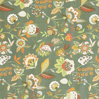 Jacquard-Tischdecke aus beschichteter Baumwolle mit boho-inspiriertem, detailreichem Blumenmuster auf dunkelgrünem Hintergrund; filigrane Blüten, Blätter und Ornamente in warmen Natur- und Erdtönen, fleckenabweisend und pflegeleicht.