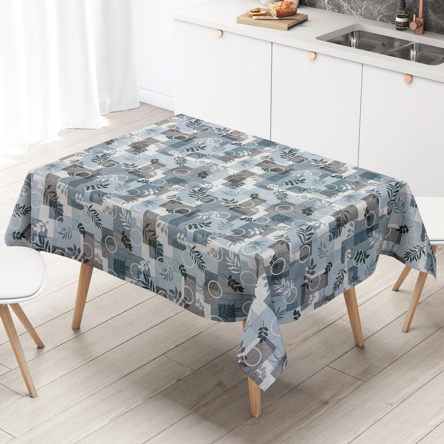 Wachstuch Tischdecke 160 cm Breite Übergröße geprägt P1112-2 blau Blätter Herbst eckig rund oval