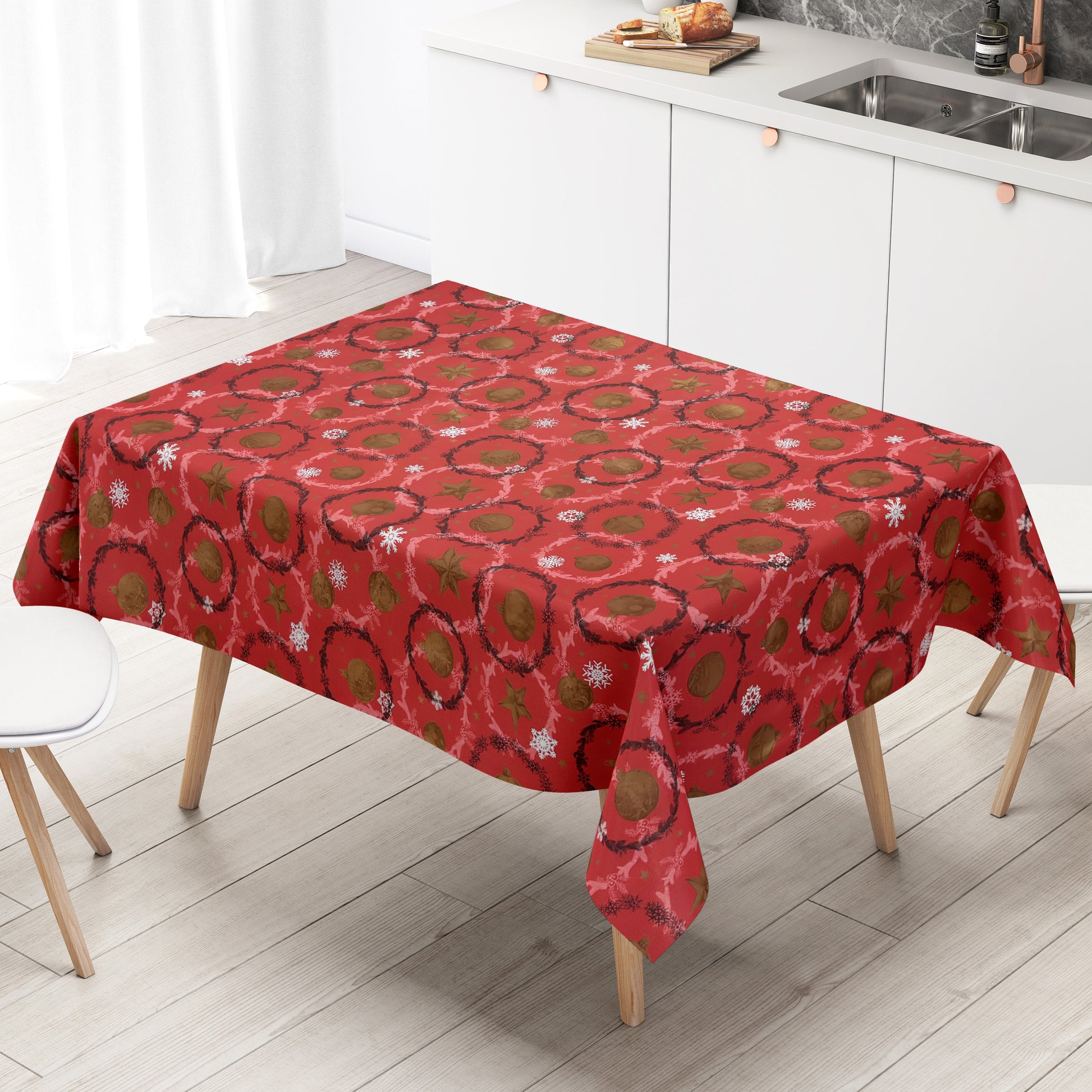 Wachstuch Tischdecke Weihanchten Schneeflocken Weihnachtskugeln rot