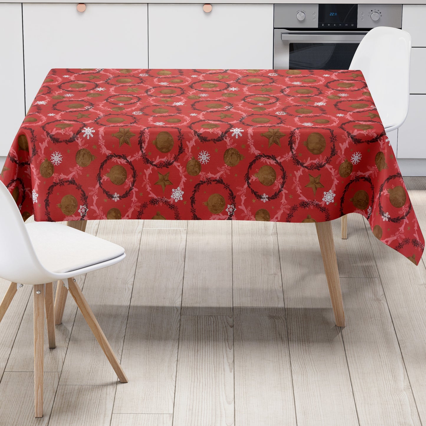 Wachstuch Tischdecke Weihanchten Schneeflocken Weihnachtskugeln rot