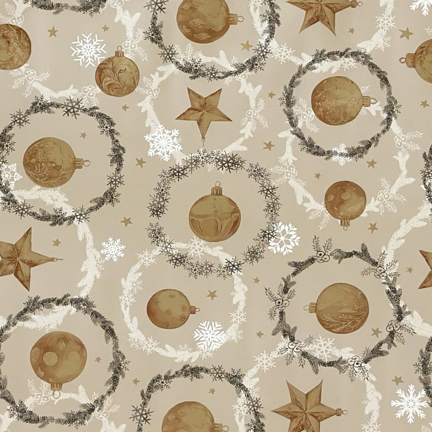 Wachstuch Tischdecke goldene Weihnachtskugeln auf taupe