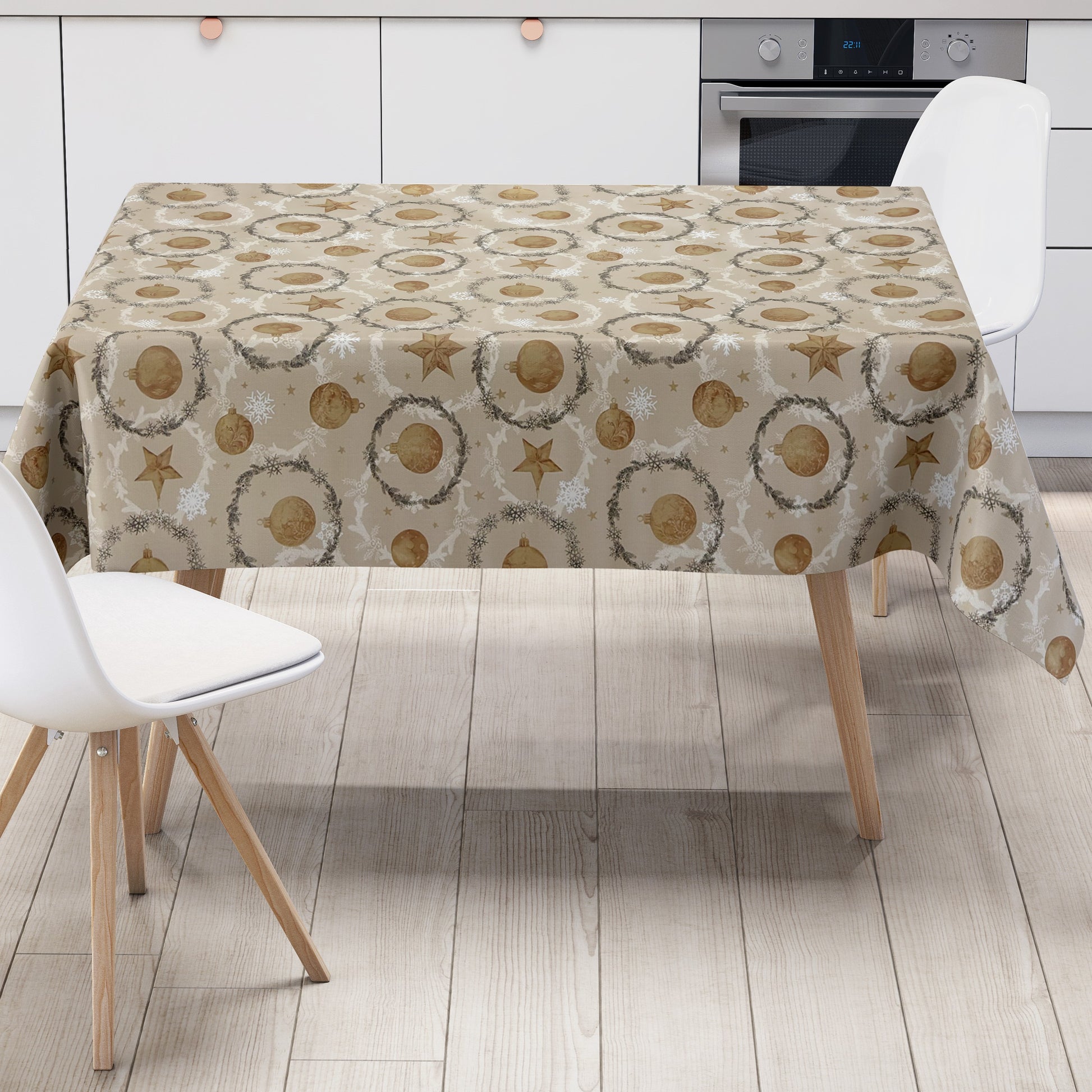 Wachstuch Tischdecke goldene Weihnachtskugeln auf taupe