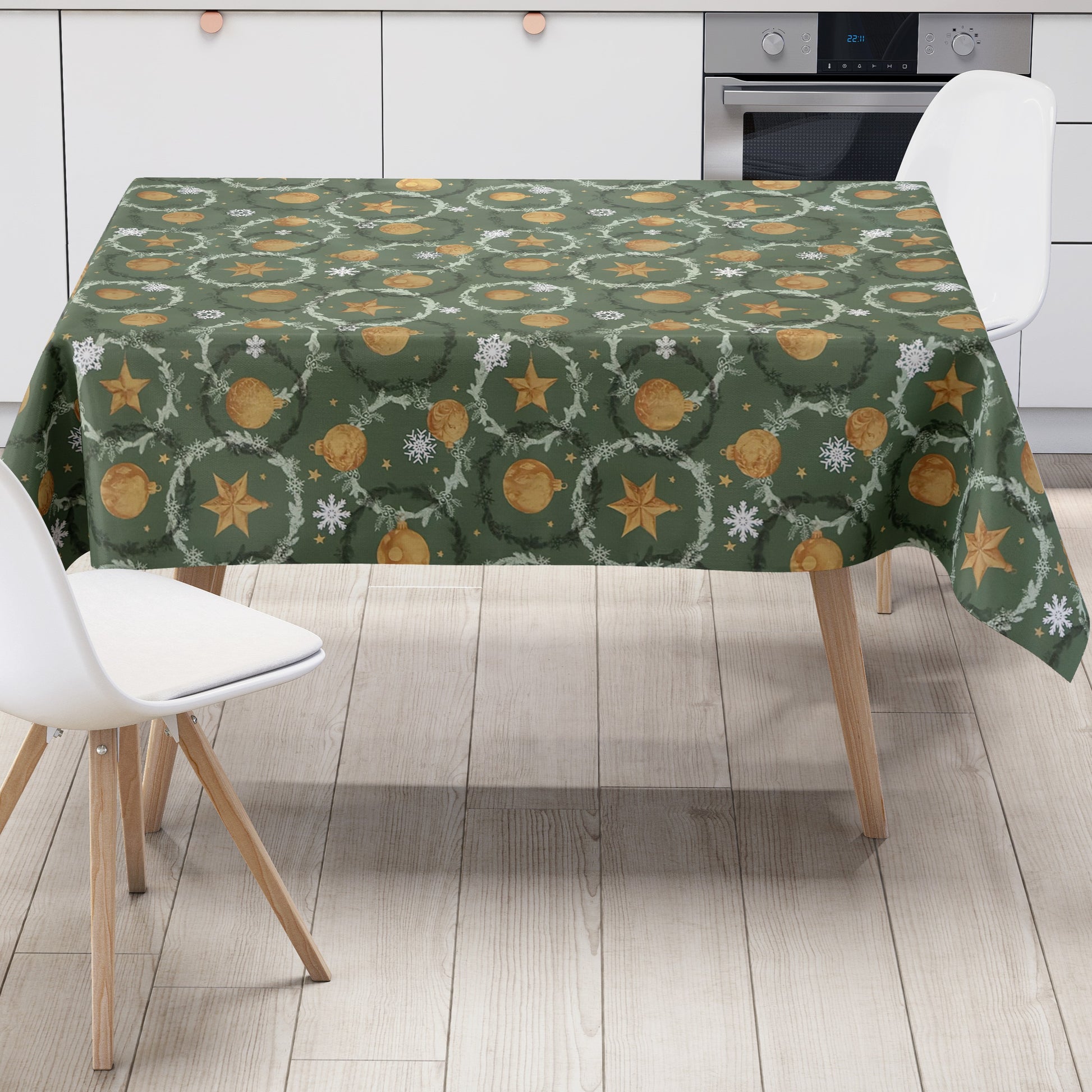 Wachstuch Tischdecke goldene Weihnachtskugeln auf tannengrün