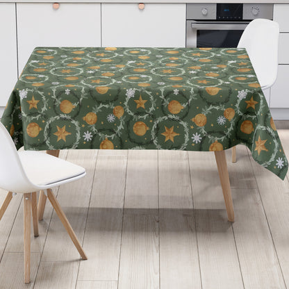 Wachstuch Tischdecke goldene Weihnachtskugeln auf tannengrün