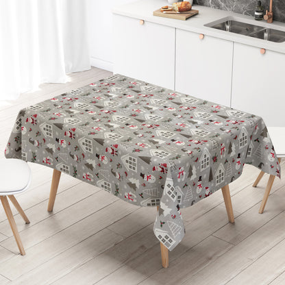 Wachstuch Tischdecke hellgrau mit Schneemann und Weihanchtsmann