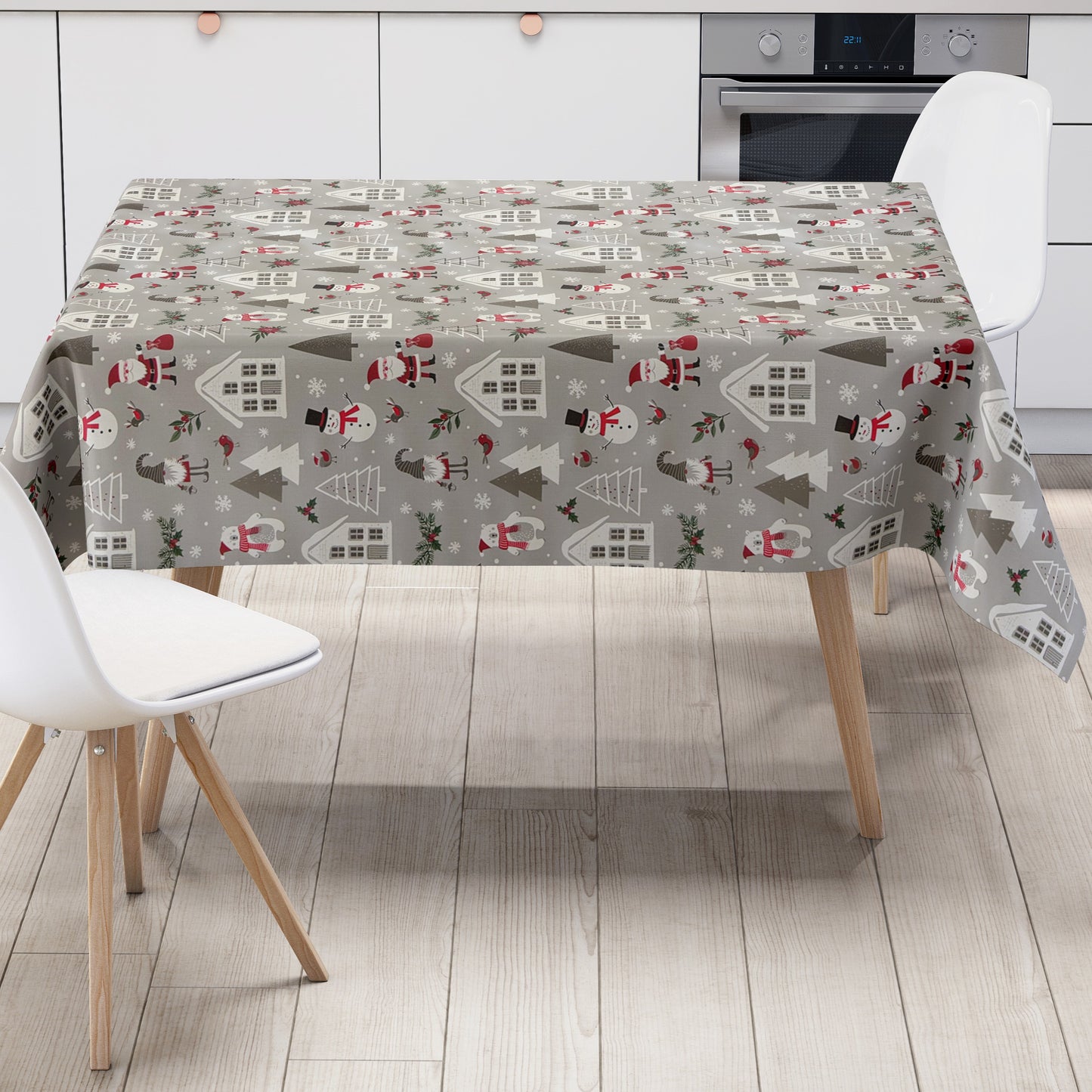 Wachstuch Tischdecke hellgrau mit Schneemann und Weihanchtsmann