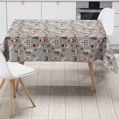 Wachstuch Tischdecke hellgrau mit Schneemann und Weihanchtsmann