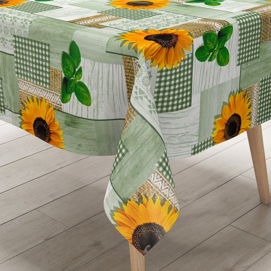 Wachstuch Tischdecke Sonnenblumen grün Holz