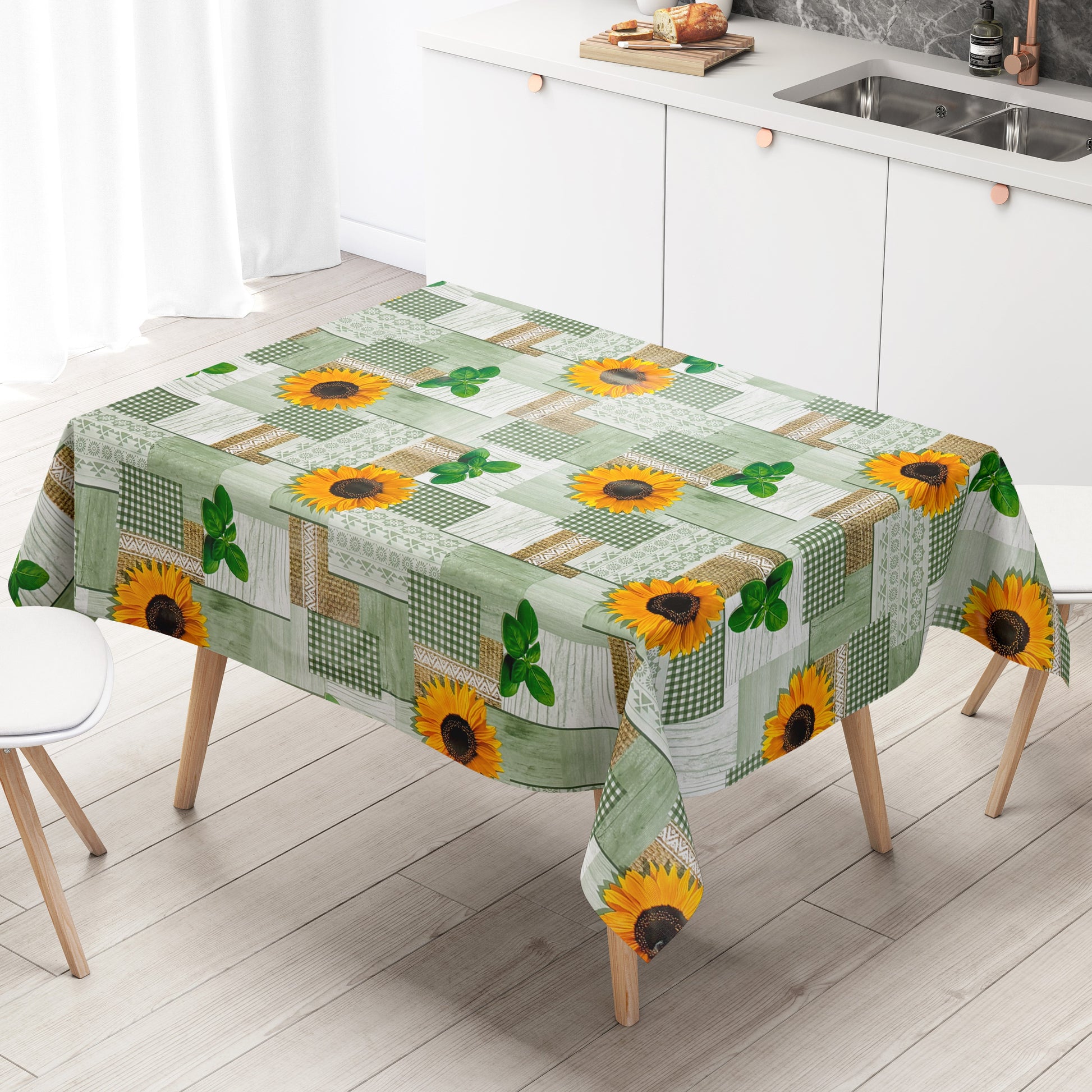 Wachstuch Tischdecke Sonnenblumen grün Holz