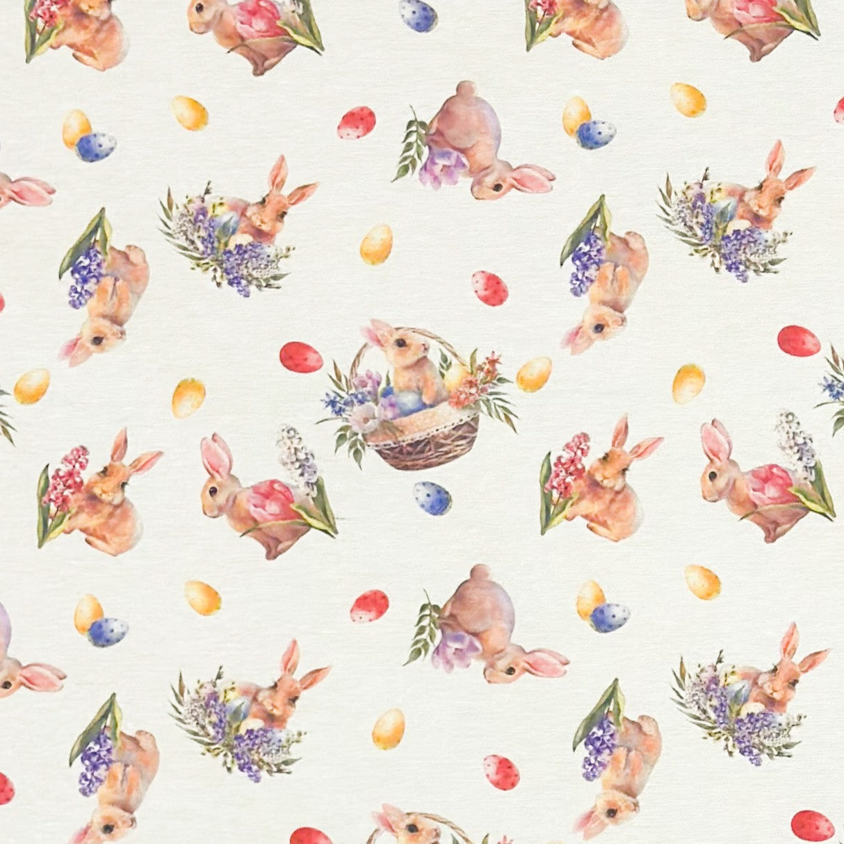 Jacquard-Tischdecke aus beschichteter Baumwolle in Beige mit Osterhasen, bunten Ostereiern und Tulpen in zarten Pastellfarben, fleckenabweisend und frühlingshaft gestaltet